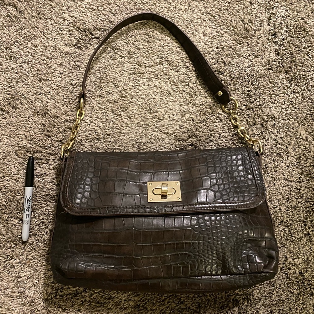 Liz Claiborne Brown Croc-Embossed Shoulder Bag with Gold Hardware